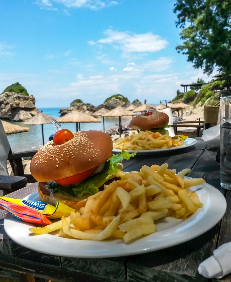 Now thats a burger with a view! The taverna at porto Zorro have great food.