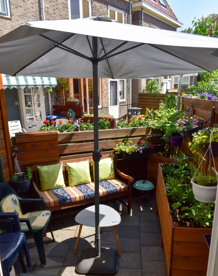 Our cozy garden with many different herbs and flowers, perfect for relaxing.